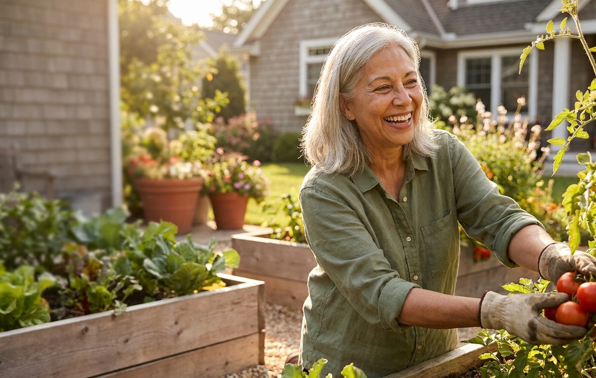 A woman in her late sixties gardening in morning light