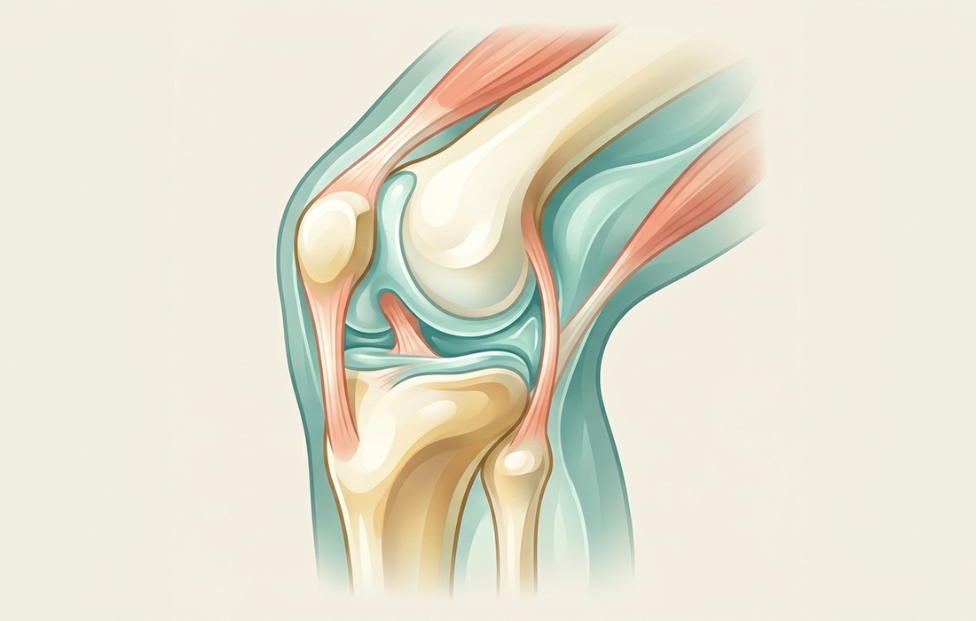 Stylized illustration of healthy knee cartilage and joint structures